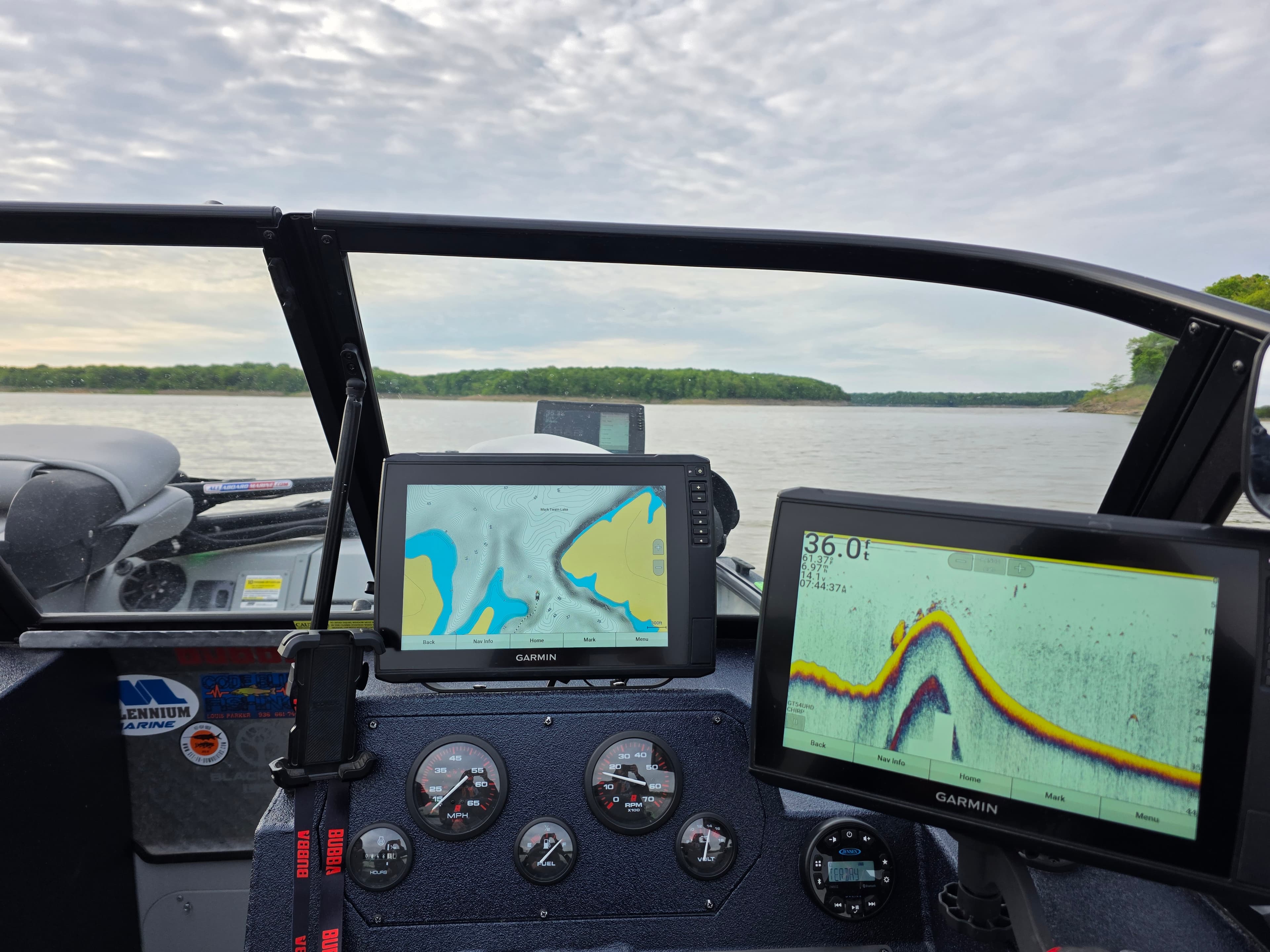 Dual Garmin chartplotter and sonar displays at the helm
